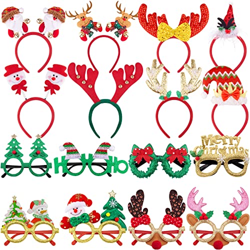 SIQUK 8 Piezas Diadema Navideña y 8 Piezas Navidad Marcos de Gafas Diadema de Navidad Monturas de Gafas Navideñas para Decoración de Fiesta Navidad