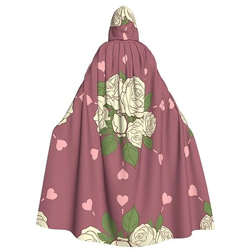 Siulas Capa con capucha de rosa blanca de amor de longitud completa, para Halloween, Navidad, disfraces de 58 pulgadas (negro), Rosa Blanca del Amor, talla única