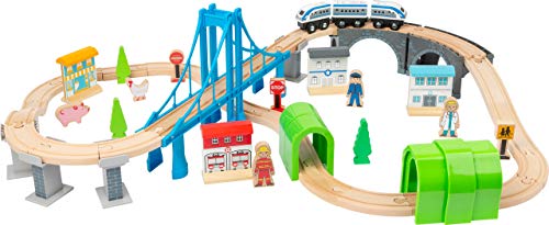 Small Foot-11492, ferrocarril de Madera Construcción, Puente Colgante y túneles, un Mundo del Juego en Dos Niveles Juguetes, Multicolor (11492)