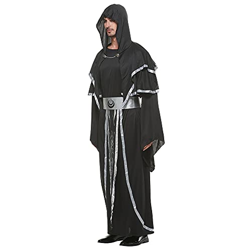 Snailify traje de monje medieval de mago oscuro para hombre, disfraz con capucha de padrino místico, disfraz con capucha, capa de Halloween, Cosplay, negro, plateado, XL