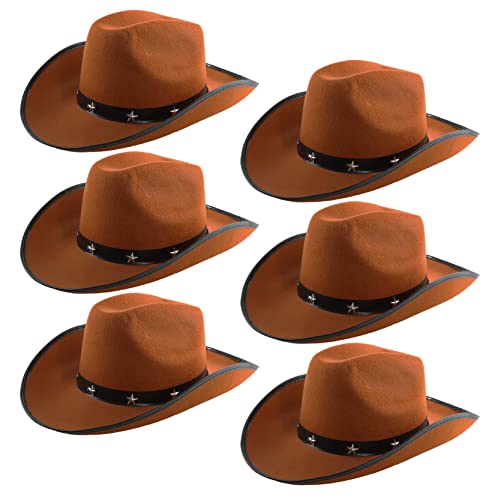 Sombreros de vaquero para adultos, paquete de 6, sombreros de vaquero marrones con banda de estrellas, accesorio de disfraz de fiesta de Wild West