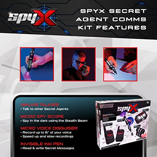 SpyX, Kit de comunicaciones secretas para niños, Juego de comunicaciones de Agente Secreto de 4 Piezas para Divertidas misiones de Espionaje, Incluye walkie talkies, Cambiador de Voz, Alcance espía y