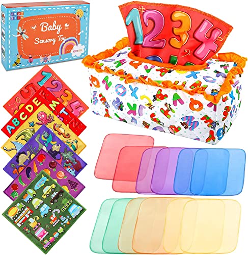 STAY GENT Juguetes Bebes 6-12 Meses Juegos Montessori Juguetes para Niños Caja Pañuelos Sensoriales Juguetes Bufandas Learning Baby Tissue Box Montessori Juguetes Bebés para 0 6 7 8 9 10 11 Meses