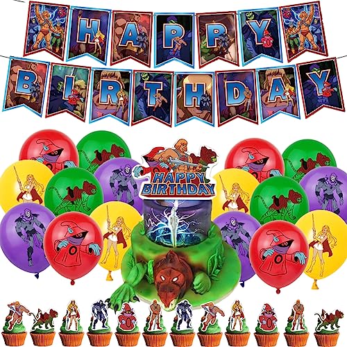 Suministros de fiesta de cumpleaños 30 unidades de Masters of the Universe Balloons Birthday Decorations Set Includes Happy Birthday Banner Cake Topper Cupcake Toppers Balloons for Kids Birthday