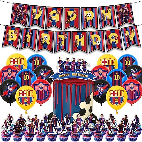 Suministros de fiesta de cumpleaños de Barcelona, tema de fiesta de fútbol Messi incluyendo tapas de pasteles, gorras de cupcakes, banderas, globos de látex, es muy adecuado para suministros de fiesta