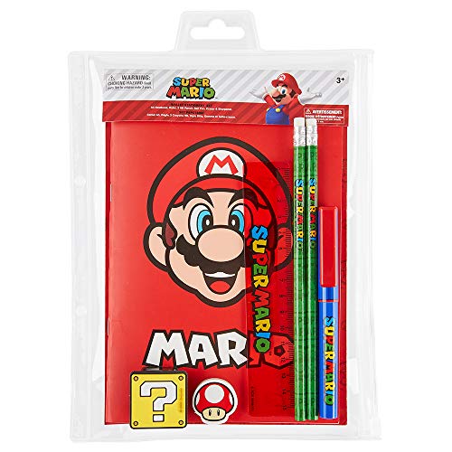 Super Mario Set Papeleria para Niños, Incluye Cuaderno A5 de Mario Bros Goma de Borrar Lapices HB Regla, Material Escolar Oficial, Regalos Para Niños Adolescentes