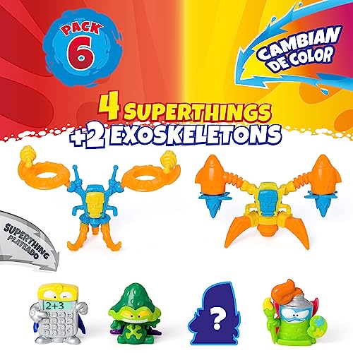 SUPERTHINGS Serie Mutant Battle – Pack de 6. Incluye 4 SuperThings (1 capitán Plateado) y 2 Exoskeletons. Pack 1 de 6