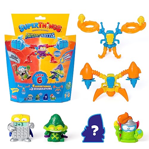 SUPERTHINGS Serie Mutant Battle – Pack de 6. Incluye 4 SuperThings (1 capitán Plateado) y 2 Exoskeletons. Pack 1 de 6