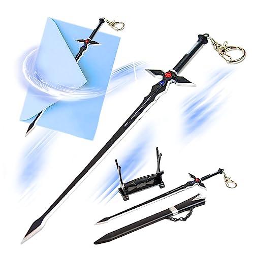 Swords and more Sword Art Online Dark Repelser,Abrecartas con forma de espada de Kirito con funda y soporte, acero inoxidable de alta calidad, espada en miniatura, regalo coleccionistas y fans, negro