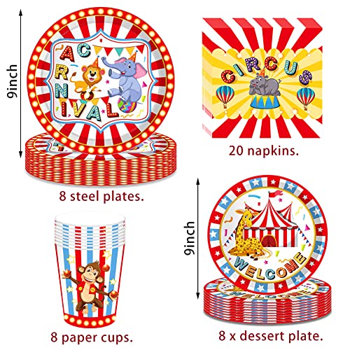 SWZY 44 Piezas Juego Vajilla Circo Juego de Vajilla de Fiesta para Fiestas de Cumpleaños Plato,Servilleta de Papel,Taza para Decoración de Mesa de Fiesta Temática Cumpleaños de Niños