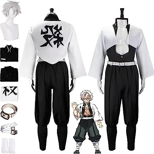 SZYDM Demon Slayer Anime Shinazugawa Sanemi Cosplay Disfraz, Kimetsu No Yaiba Peluca Capa Kimono Cardigan Conjunto completo Halloween Comic Juego Fiesta Uniforme,Blanco,L