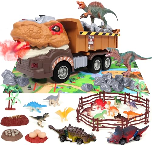 Tacobear Camión Transportador Dinosaurios Juguetes Niños 3 4 5 6 Años con Niebla de Agua Luz y Sonido Tapete de Juego Figuras Dinosaurios Coches Juguete Regalo para Niño 3-8 Años