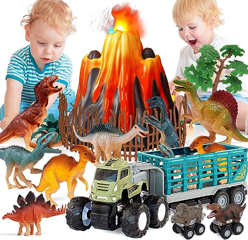 Tacobear Dinosaurios Juguetes 3 4 5 6 7 8 Años Niño Dinosaurios Volcán con Niebla de Agua Luz y Sonido Camión Transportador Figuras de Dinosaurios Coches Juguete Regalo para Niños