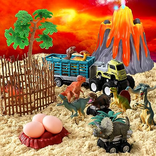 Tacobear Dinosaurios Juguetes 3 4 5 6 7 8 Años Niño Dinosaurios Volcán con Niebla de Agua Luz y Sonido Camión Transportador Figuras de Dinosaurios Coches Juguete Regalo para Niños