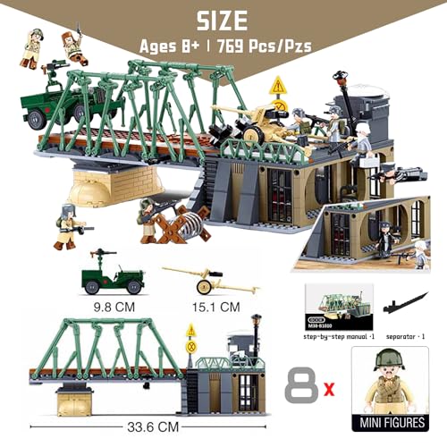 Tarcury WW2 Set de Bloques de Construcción Bastion Bridge, 769 PCS Set del Ejército con 8 Soldados de Juguete, Vehículos Militares y Artillería, Regalo de Juguete Ideal para Niños y Adultos