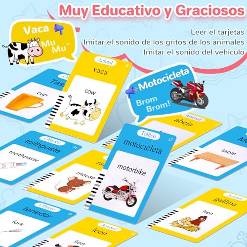 Tarjetas Flash Parlantes Español Ingles (Versión Bilingüe), Juegos Educativos Montessori Infantiles para de Niños 2 3 4 5 6 años, Cuenta con 112 Tarjetas de Doble y 224 Palabras (Rosa)