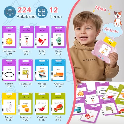 Tarjetas Flash Parlantes Español Ingles (Versión Bilingüe), Juegos Educativos Montessori Infantiles para de Niños 2 3 4 5 6 años, Cuenta con 112 Tarjetas de Doble y 224 Palabras (Rosa)