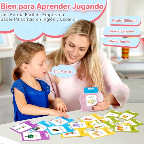 Tarjetas Flash Parlantes Español Ingles (Versión Bilingüe), Juegos Educativos Montessori Infantiles para de Niños 2 3 4 5 6 años, Cuenta con 112 Tarjetas de Doble y 224 Palabras (Rosa)