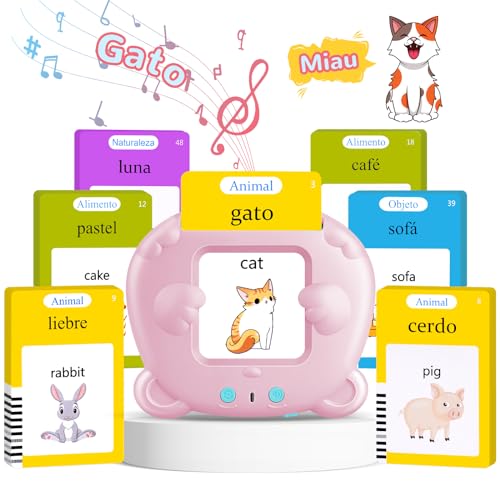 Tarjetas Flash Parlantes Español Ingles (Versión Bilingüe), Juegos Educativos Montessori Infantiles para de Niños 2 3 4 5 6 años, Cuenta con 112 Tarjetas de Doble y 224 Palabras (Rosa)