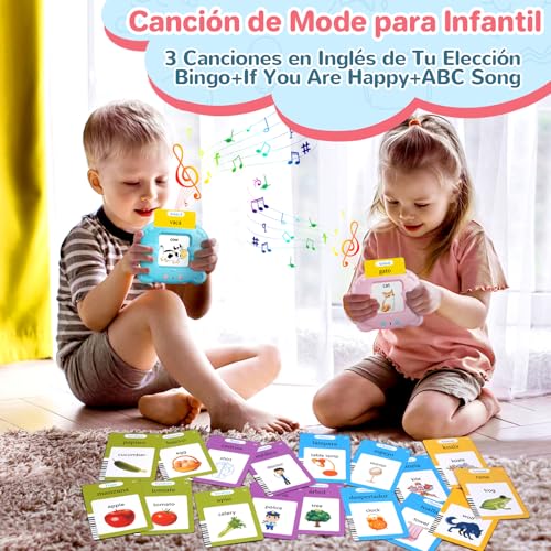 Tarjetas Flash Parlantes Español Ingles (Versión Bilingüe), Juegos Educativos Montessori Infantiles para de Niños 2 3 4 5 6 años, Cuenta con 112 Tarjetas de Doble y 224 Palabras (Rosa)