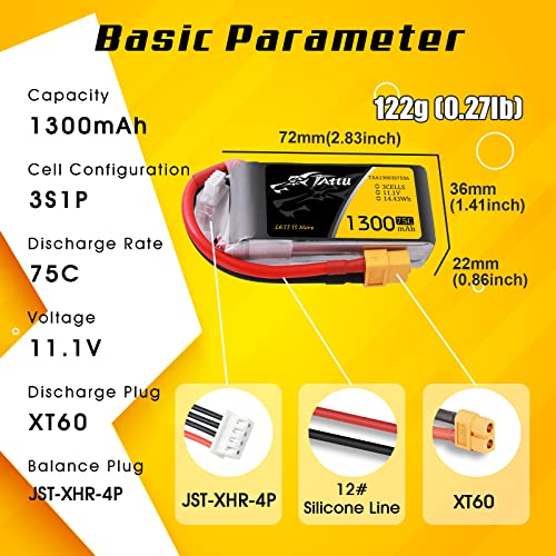 tattu 1300 mAh 11.1 V 75 C 3S1P Lipo Batería Pack con XT60 Conector para UAV Drones FPV Racing Quadcopters Avión como TBS Gemini, IRC Vortex, lumenier QAV250/210 charpu Edition/qav180, zmr250, Align