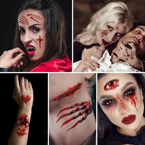 Tatuajes Halloween 16 Hojas Sangre Falsa Halloween Tatuajes, Tatuajes Cicatrices Halloween, Tatuajes Heridas Halloween, Tatuajes Halloween Cara para Partido de Halloween Prop y Cosplay