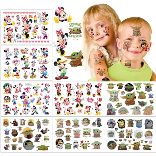 Tatuajes Temporales Niños, 8 Hojas Tatoos Infantiles de Mickey und Yoda, Juego de Tatuaje de 200 estilos para Niñas, Niños, Regalos de Cumpleaños, Bolsas de Fiesta de Cumpleaños para Niños