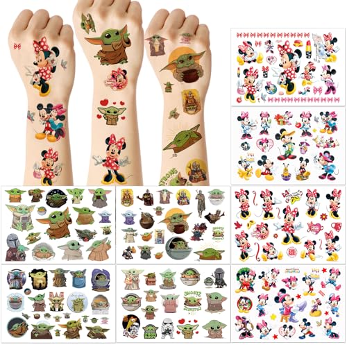 Tatuajes Temporales Niños, 8 Hojas Tatoos Infantiles de Mickey und Yoda, Juego de Tatuaje de 200 estilos para Niñas, Niños, Regalos de Cumpleaños, Bolsas de Fiesta de Cumpleaños para Niños