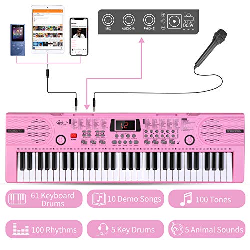 Teclado de piano electrónico de 61 teclas, con acompañamiento automático, portátil, digital, con soporte y micrófono, regalo para niños y niñas