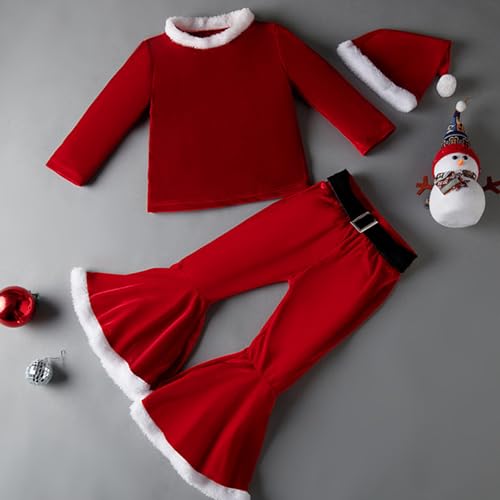 Tenue de Noël pour filles Tenue de Noël pour bébés filles 3 pièces/ensemble Costume de Père Noël avec pantalon évasé à manches longues et chapeau Costume de Père Noël Costume d'elfe 43,3 pouces