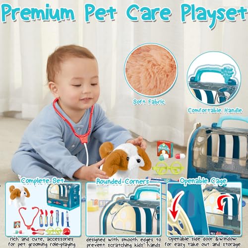 TEUVO Perro Juguete Que Anda y Ladra Peluche Perro Interactivo Kit Veterinarios Eléctrico Perritos Juguete 15Piezas Maletin Veterinaria Estetoscopio Regalo Juego de Rol para Niños Niñas 2 3 4 6 7 Años