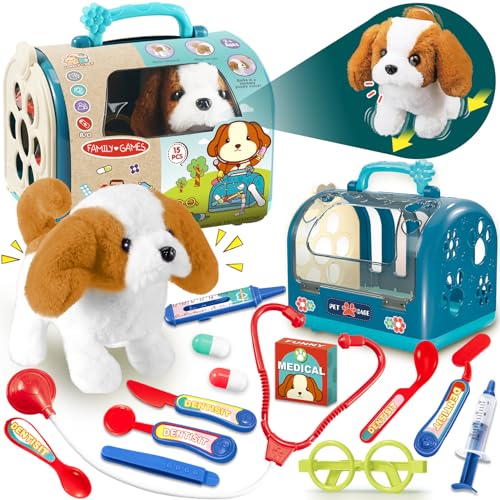 TEUVO Perro Juguete Que Anda y Ladra Peluche Perro Interactivo Kit Veterinarios Eléctrico Perritos Juguete 15Piezas Maletin Veterinaria Estetoscopio Regalo Juego de Rol para Niños Niñas 2 3 4 6 7 Años