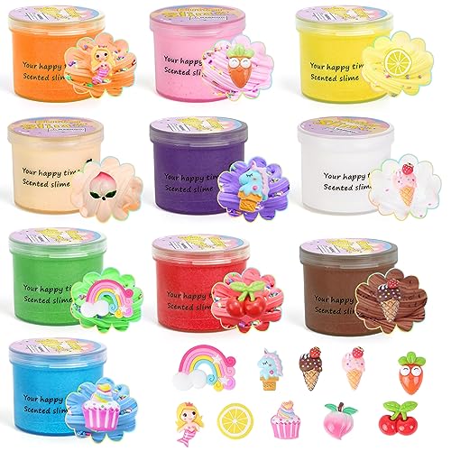 Thedttoy 10 Kits de Fluffy Butter Slime para niñas niños, Incluye Abalorios de Limo de Helados de Frutas, etc, súper elástico y Antiadherente, Juguete para aliviar el estrés Cumpleaños Navidad Regalo