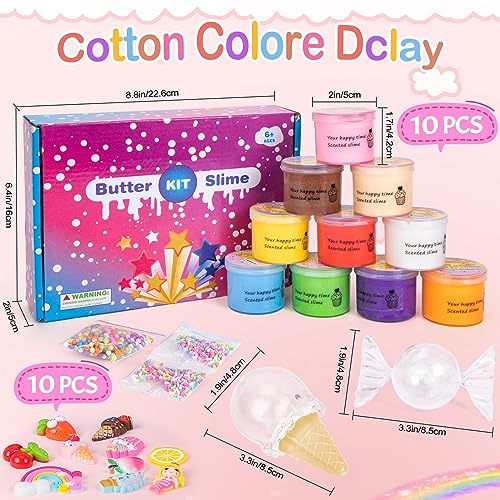 Thedttoy 10 Kits de Fluffy Butter Slime para niñas niños, Incluye Abalorios de Limo de Helados de Frutas, etc, súper elástico y Antiadherente, Juguete para aliviar el estrés Cumpleaños Navidad Regalo