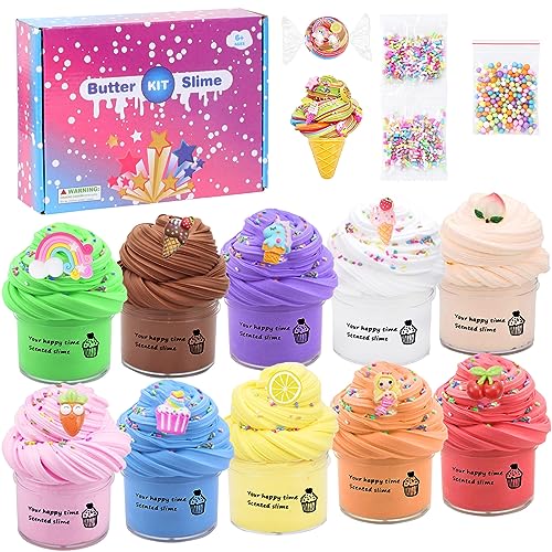 Thedttoy 10 Kits de Fluffy Butter Slime para niñas niños, Incluye Abalorios de Limo de Helados de Frutas, etc, súper elástico y Antiadherente, Juguete para aliviar el estrés Cumpleaños Navidad Regalo