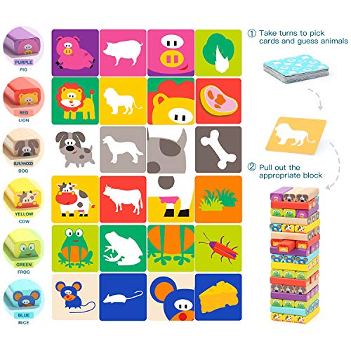 TOP BRIGHT 4 en 1 Torre de Bloques Infantil con Colores y Animales Juguete Educativo para Niños Niñas Juegos de Mesa Familiar con 51 Bloques 24 Cartas