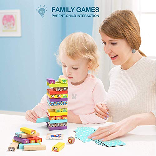 TOP BRIGHT 4 en 1 Torre de Bloques Infantil con Colores y Animales Juguete Educativo para Niños Niñas Juegos de Mesa Familiar con 51 Bloques 24 Cartas