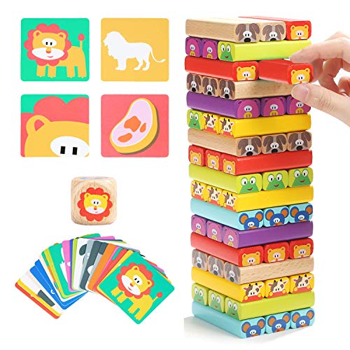 TOP BRIGHT 4 en 1 Torre de Bloques Infantil con Colores y Animales Juguete Educativo para Niños Niñas Juegos de Mesa Familiar con 51 Bloques 24 Cartas