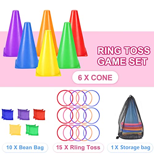 TOPJOWGA Juegos de Lanzamiento de Anillos, 31 Piezas Kit de Juegos de Lanzamiento Sacos de Arena, Ring Toss Game, Jardín de Deportes para Niños y Juegos Familiares para Fiestas al Aire Libre