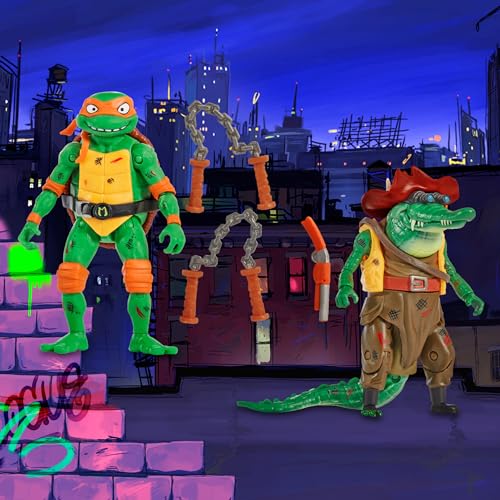 TORTUGAS NINJA - Michelangelo Vs. Leatherhead Movie Face Off 2 Pack, Figuras de Acción Articuladas 12 cm, Personajes de Película Caos Mutante, Accesorios de Combate, para niños y niñas Desde 4 Años