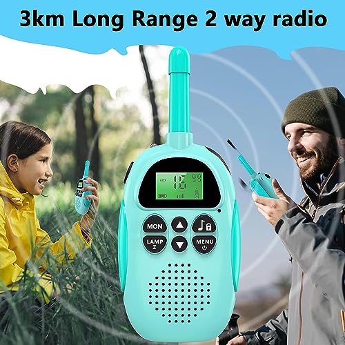 Tosaju Walkie-Talkie para niños batería Recargable Rango de Radio 3 kilómetros 16 Canales Vox escanea Aventuras al Aire Libre, Camping, Senderismo 2 Juegos Walkie-Talkie Azul