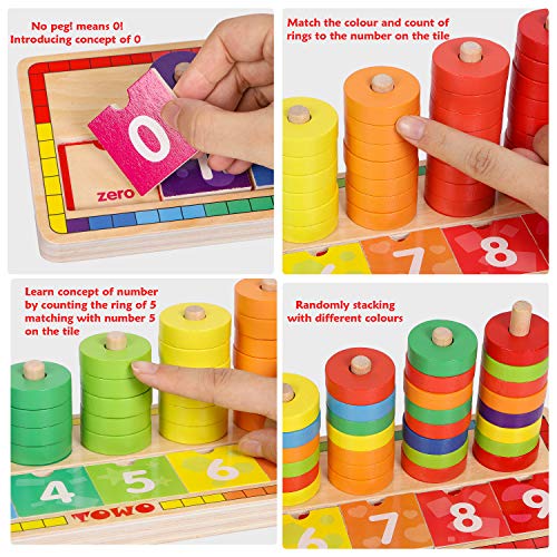 TOWO Anillos apilables de Madera - juego educativo apilador 45 Anillos para Aprender a Contar - Juguete Educativo de matemáticas para niños de 3 años - juegos infantiles educativos