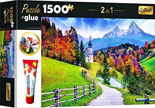 Trefl 26175 Set 2en1 Puzzle + Pegamento, Puzzle 1500 elementos Iglesia de María Gern en Baviera, Pegamento y Conservante para Rompecabezas, Combinar Elementos, para Adultos y Niños a Partir de 12 Años