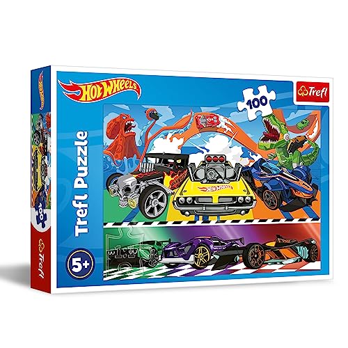 Trefl Hot Wheels, A Toda Velocidad 100 Piezas-Puzle de Colores con los Coches Famosos, Entretenimiento Creativo, Juego para niños a Partir de 5 años, Multicolor (16466)