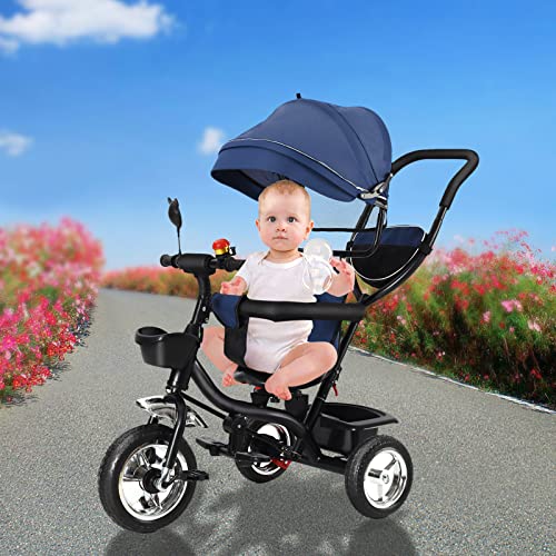 Tricycle Niños Escalable Bastón y Parasol Plegable Extraíble Bolsa y Cesta Acero Triciclo Niño Escalable, Bicicleta, Accesorios, hasta 5 años