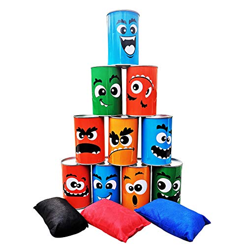 TUAHOO Juegos de lanzamiento para interiores y exteriores para familia, adultos, niños, juego de bolos, juegos de jardín, Halloween, Pascua, carnaval, juego de lanzamiento de puf, 10 latas y 3 pufs