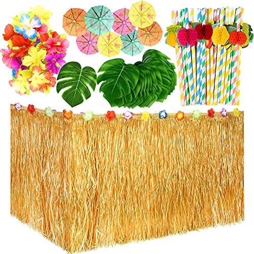 TUPARKA 149 Pcs Hawaiano Tropical del Partido Decoración Set con 9 pies de Hawai Hierba Tabla Falda, Hojas Tropicales, Hawaiano Flores y Selecciones de Paraguas para Jungle Beach Aloha Luau temático