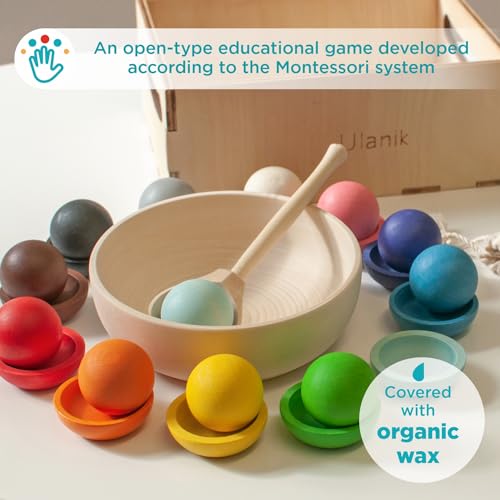 Ulanik Bolas en Platos Juguete Montessori Juego Clasificador de Madera 12 Bolas 30 mm Edad 1+ Clasificación y Conteo de Colores Educación Preescolar