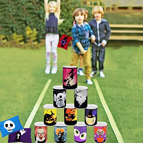 Ulifeme Juegos de Jardin, Juego de Lanzamiento Exterior para Niños y Adultos, 10pcs Patrón de Halloween Metal Tirar Latas & 3pcs Bolsas de Frijol, Punteria Regalo para Casa, Cumpleaños y Otros Fiestas