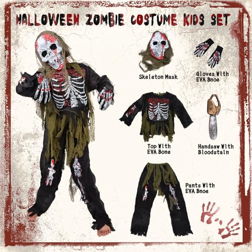 Ulikey Disfraz Zombie Niño, Conjunto de Disfraz de Zombie Esqueleto de Halloween Aterrador, Traje Esqueleto Niño con Juguetes de Motosierra, Guantes de Esqueleto, Máscara de Zombie (L)